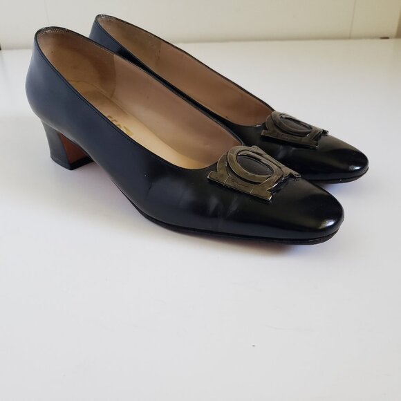 Salvatore Ferragamo Shoes - Salvatore Ferragamo Leather Gancini Buckle Block Heel Black Firenze Pumps